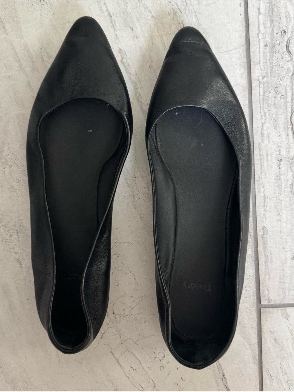 Theory Black Pointed Leather Ballet Flats